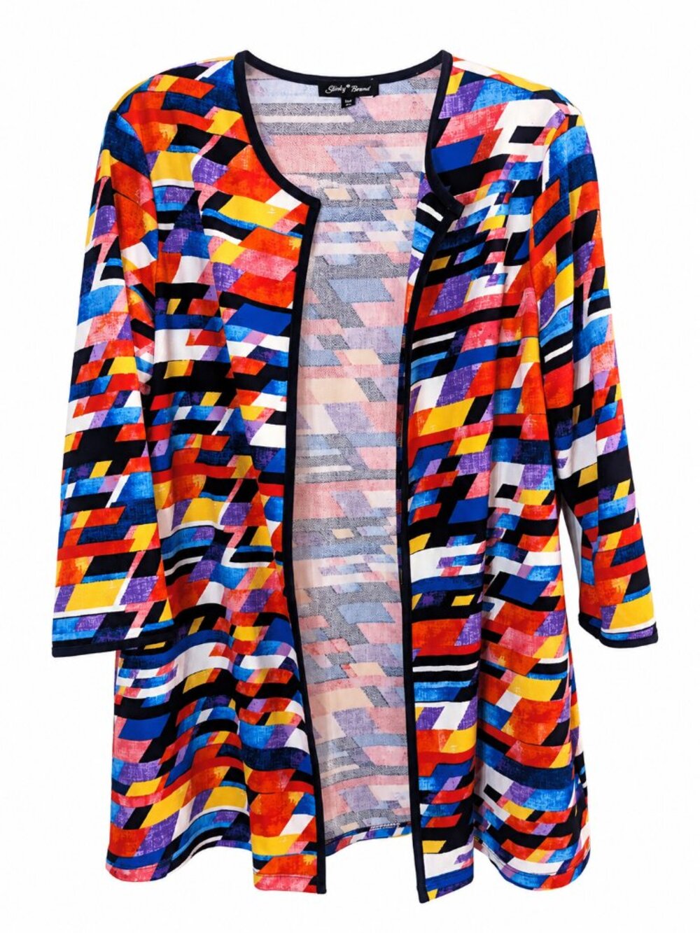 Slinky Brand Open Front Cardigan Size L Multicolor Geometric Print Lightweight